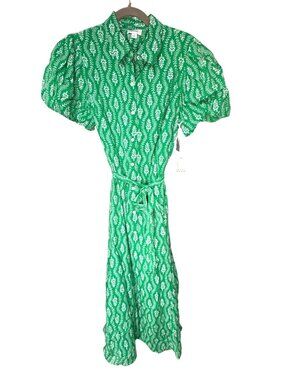 NWT Cece Puff Sleeve Tie Waist Shirtdress Flowy Midi Size M Kelly MSRP $129